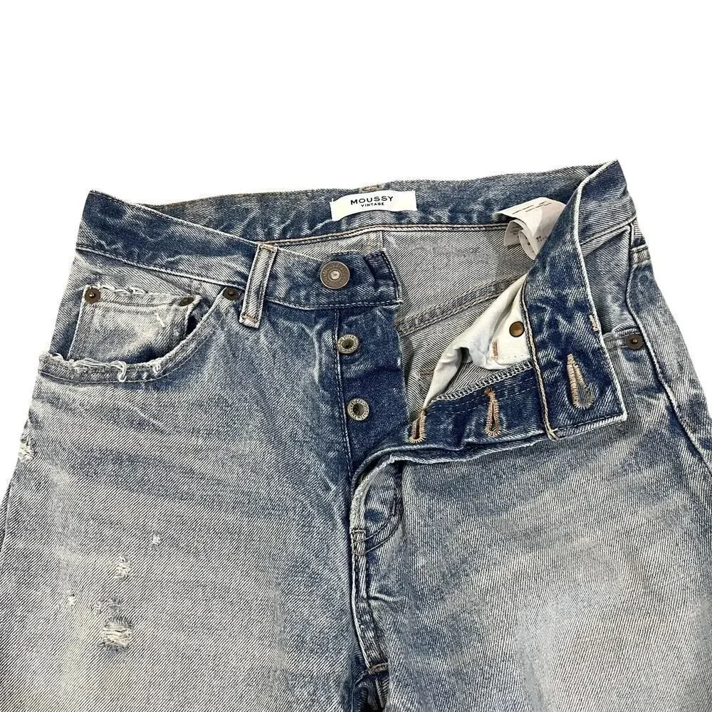 MOUSSY Vintage Jeans Womens 25 Blue Distressed Straight Leg Ankle Length Denim - Picture 4 of 10